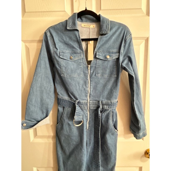MEBON Denim Utility Jumpsuit Shorts Set Belted Zip Front Short Sleeve Women's M - Picture 9 of 12